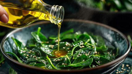 Drizzling Olive Oil Over Fresh Spinach Salad with Sesame Seeds