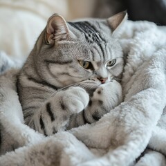 Gentle American Shorthair Cat Enjoying a Cozy Moment in Soft Blanket