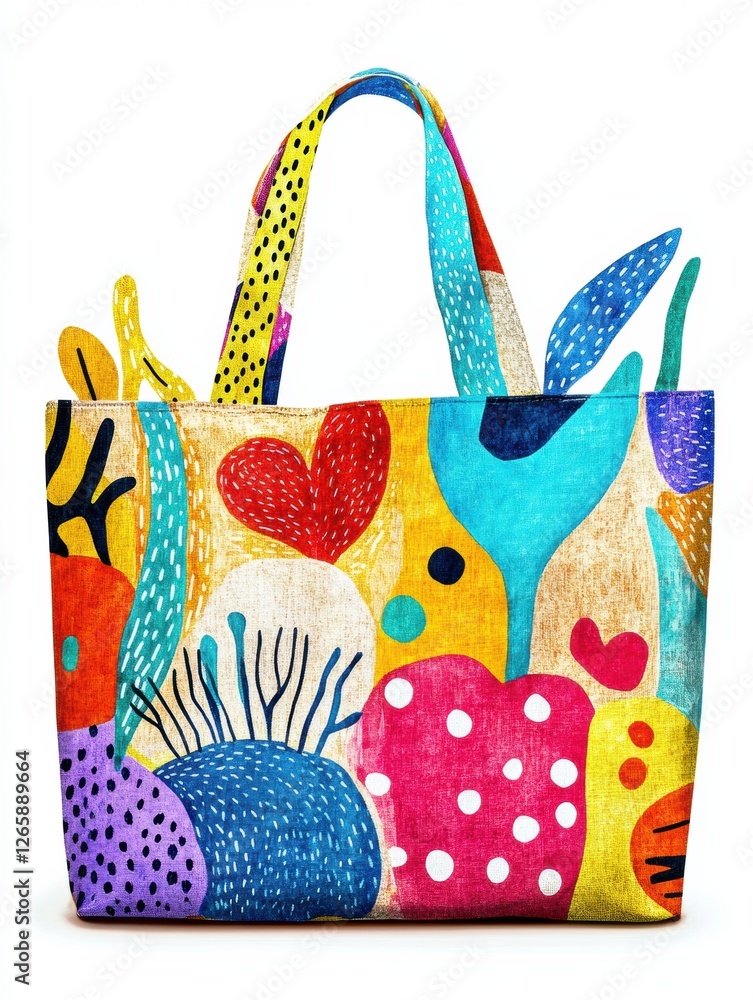 Poster colorful tote bag with abstract patterns showcasing vibrant designs and playful elements. generative