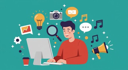 a colorful and vibrant illustration of a man working at a computer.