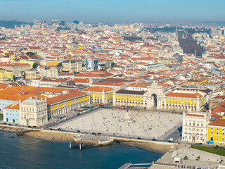 Aerial of historic tourism Praça do Comércio commerce square Lisbon, lisboa