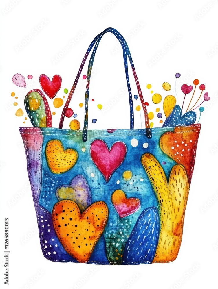 Poster colorful tote bag design featuring hearts and cacti in a vibrant artistic style with a playful compo