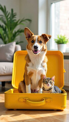 Happy dog sitting in yellow siutcase on apartment background. Vacation with pets. Concept of travel and life with animal. Pet friendly hotels, rent apartment, airport and plane