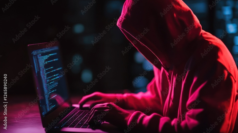 Poster anonymous hacker in hoodie using laptop for cyber attack at night
