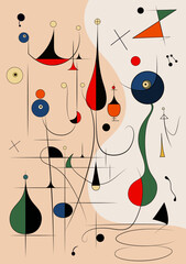 Surreal art illustration in Joan Miro style. Abstract Painting with Geometric Shapes.