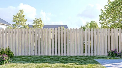 Suburban Wood Fence, Residential Backyard, Sunny Day, Homes in Background