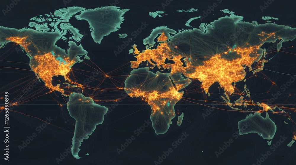 Poster exploring global connectivity world map digital rendering virtual environment aesthetic viewpoint mo