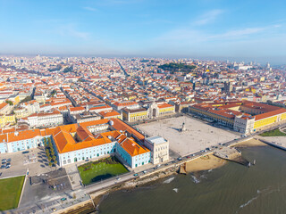 Aerial of historic tourism Praça do Comércio commerce square Lisbon, lisboa