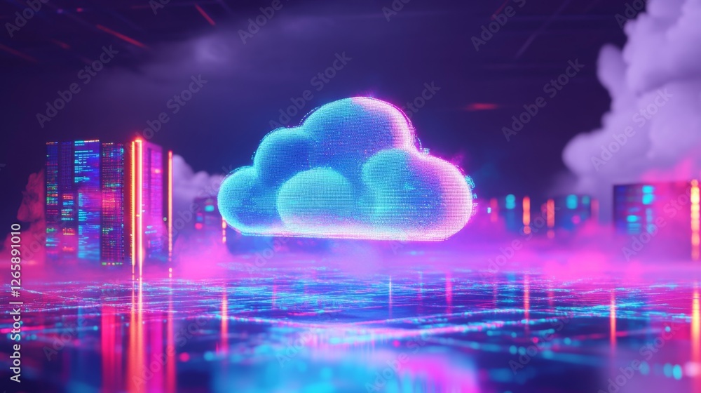 Poster visualizing cloud computing services digital space 3d rendering virtual environment aerial view inno