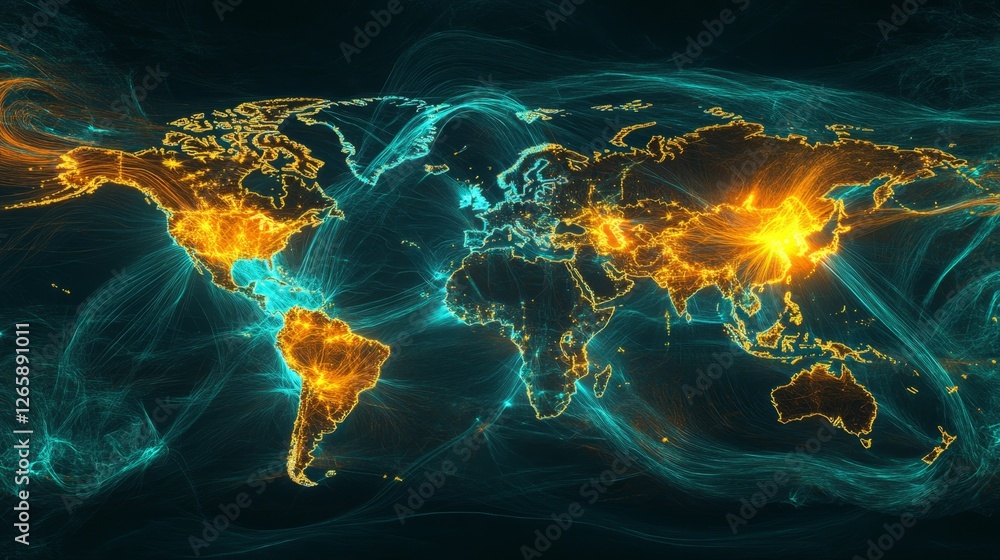 Poster illuminating digital world map global perspective 3d render virtual environment artistic concept