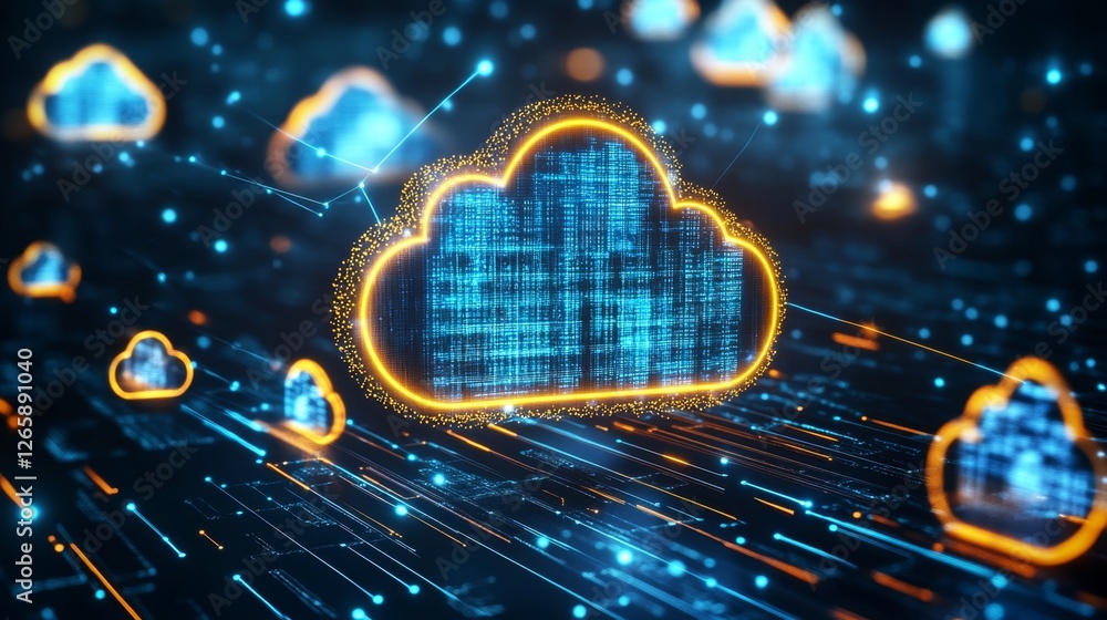 Poster visualizing cloud computing integration in a server digital artwork in a tech environment conceptual