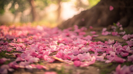 Petals cover the ground in a serene park during a sunny spring afternoon