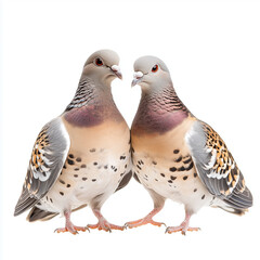 Two turtle doves stand close together, gazing at each other against a white background, showcasing their harmonious symmetry and delicate natural colors