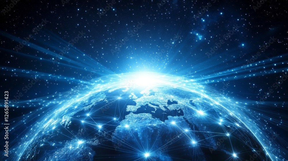 Poster animating distribution around a glowing globe digital realm visual art virtual space global view dyn