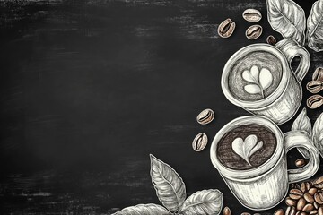 Chalkboard background with hand-drawn coffee cups, beans, and leaves. Artistic sketch style adds vintage and cozy feel, design with copy space. For coffee shop menus, promotions, drink-related content