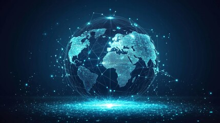 Fototapeta premium Illuminated globe amidst distribution lines global connectivity digital art urban landscape aerial view energy distribution