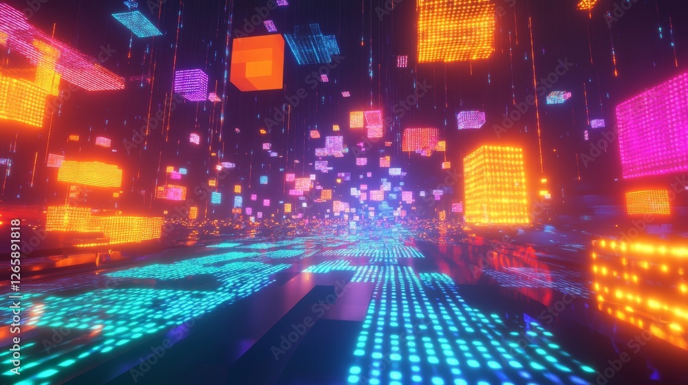 Poster exploring a glowing cyberspace digital realm visual art futuristic environment immersive experience 