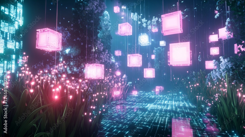 Aufkleber exploring a glowing cyberspace environment virtual realm digital art futuristic immersive floating b