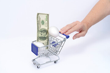 Womans Hand Pushing Tiny Shopping Cart With Hundred Dollar Eggs