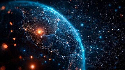 Global Network Connection Illuminated Earth with Digital Network Connections