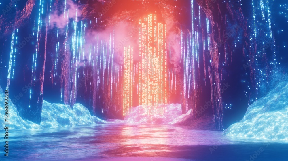 Poster exploring luminous data lines virtual realm cyberspace art digital environment immersive experience 