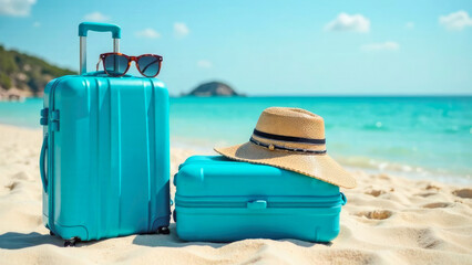 Two travel blue vacation suitcase with sunglasess, straw hat and flip flops on the beautiful sand beach. Travel concept background. Card for vacation.. Copy space