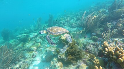 Naklejka premium Colorful Coral Reef with Sea Turtle Swimming Underwater