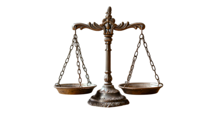 Vintage Brass Scales Justice Balance, Legal Theme with Gavel and Golden Weights, isolated on transparent background.