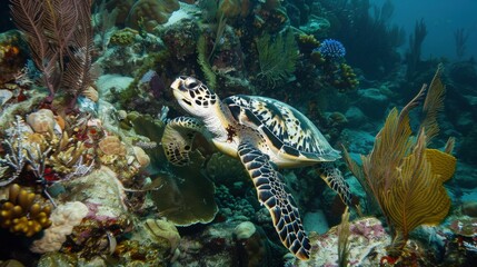 Fototapeta premium Colorful Coral Reef with Sea Turtle Swimming Underwater