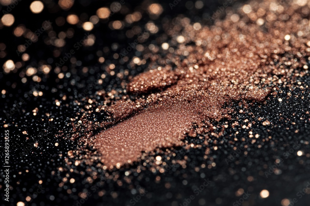 Poster shimmering eyeshadow particles are scattered across a glossy black surface, showcasing intricate det