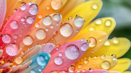 A close up of delicate dewdrops resting on the soft petals of a vibrant flower, reflecting golden morning light, each droplet acting like a tiny lens capturing