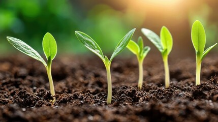 Fototapeta premium A close up of delicate green sprouts emerging from dark, moist soil, tiny leaves unfolding towards the sunlight, symbolizing new beginnings and growth