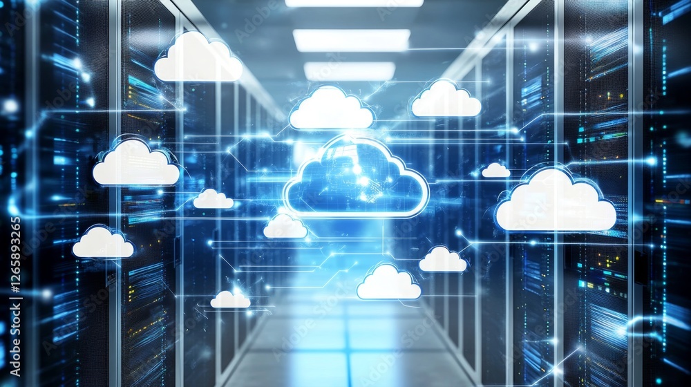Poster exploring high-tech server operations server room technology infrastructure futuristic environment i