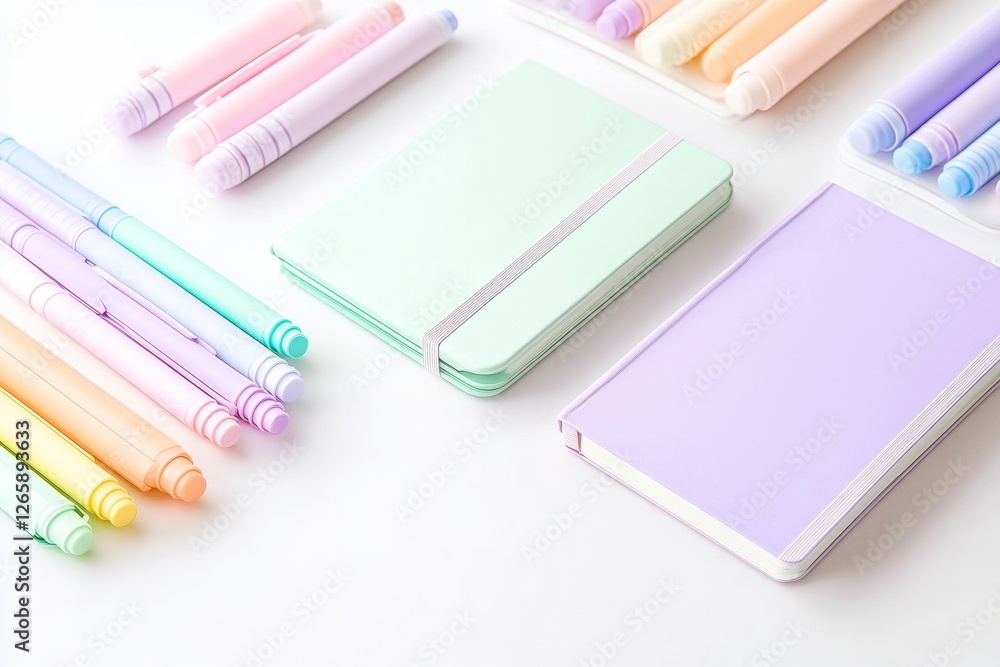 Poster soft pastel markers and complimentary notebooks are artfully arranged on a clean white surface, show
