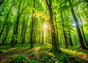 Obraz premium Lush Green Forest Landscape: Vibrant Canopy of Trees and Foliage