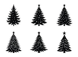 Set of christmas trees silhouette on white background