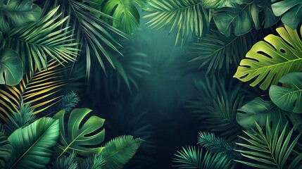Lush tropical foliage frame, dark background, jungle scene, design element