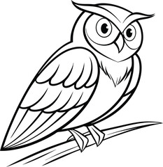 Cartoon Owl Illustration, Line Art, Bird, Animal, Wildlife, Perching, Branch, Drawing, Black and Whi