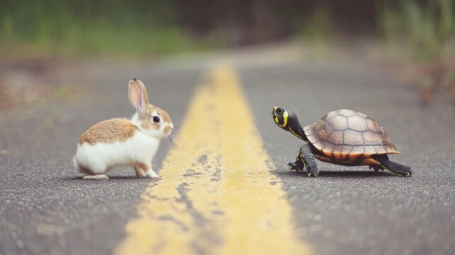 The classic showdown: A tortoise and hare face off on the asphalt road