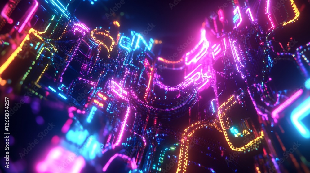 Poster creating neon-colored digital abstraction of machine learning virtual studio digital art futuristic 