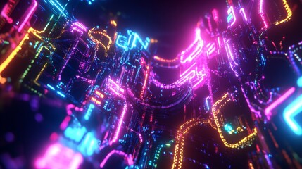 Creating neon-colored digital abstraction of machine learning virtual studio digital art futuristic environment abstract view technology