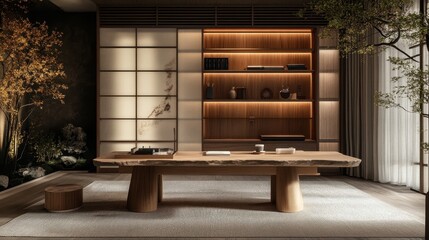 Serene asian inspired room showcasing natural elements and warm lighting