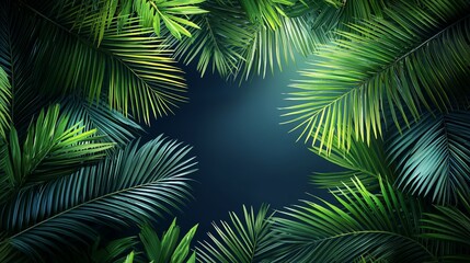 Lush tropical palm leaves frame, dark background, nature backdrop, design element