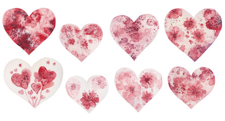 Fototapeta premium Watercolor hearts, Heart illustrations, Transparent background, valentine clip art, flowers, hand-painted hearts, design