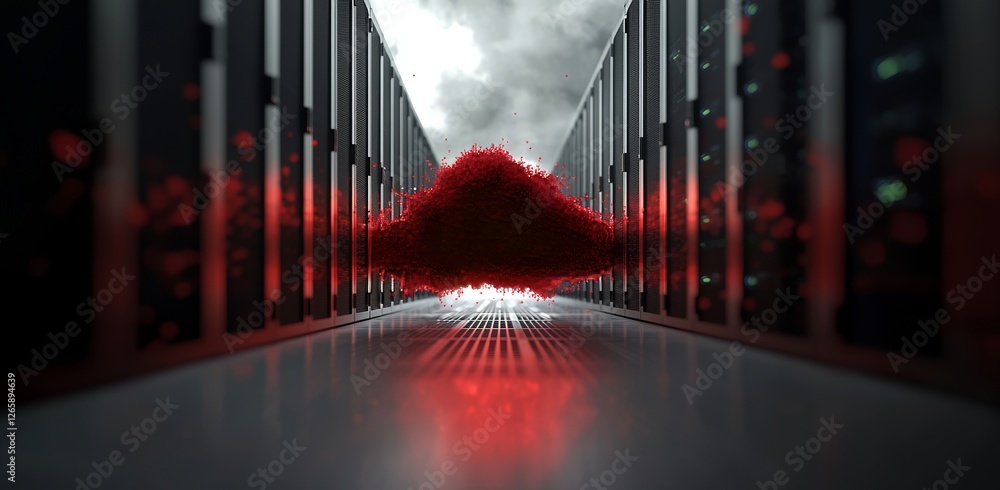 Poster digitally created black and blue matrix set against a composite image of server towers