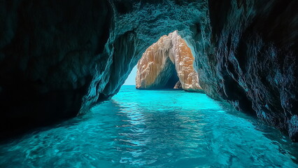 Beautiful blue cave in the sea, calm turquoise colour seawater at the entrance, crystal clear seawater, tourist attraction