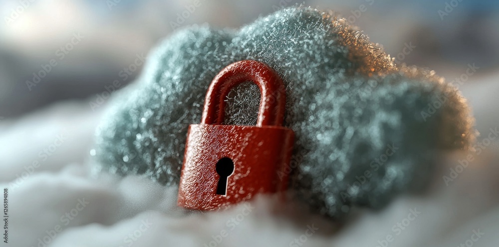 Poster cloud computing security is depicted in a 3d illustration with a blue cloud and keylock on a white b