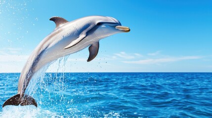 Close up of a dolphin leaping out of the ocean, water droplets frozen mid air, deep blue sea as the backdrop, energy and grace