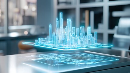 Close up of a futuristic holographic city model floating above a sleek metallic desk, glowing softly with digital blueprints