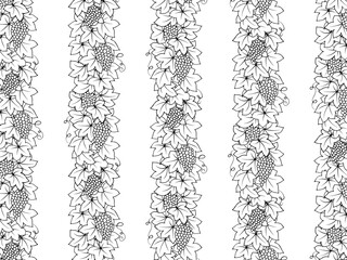 Seamless botanic pattern of grapes, leaves, branch, vine bunch, berries, plants. Decorative Elements for Decoration. Hand drawing doodles of vector vintage botanical elements.